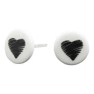 Hvide porcelæn øreringe med sort hjerte - 30990200900